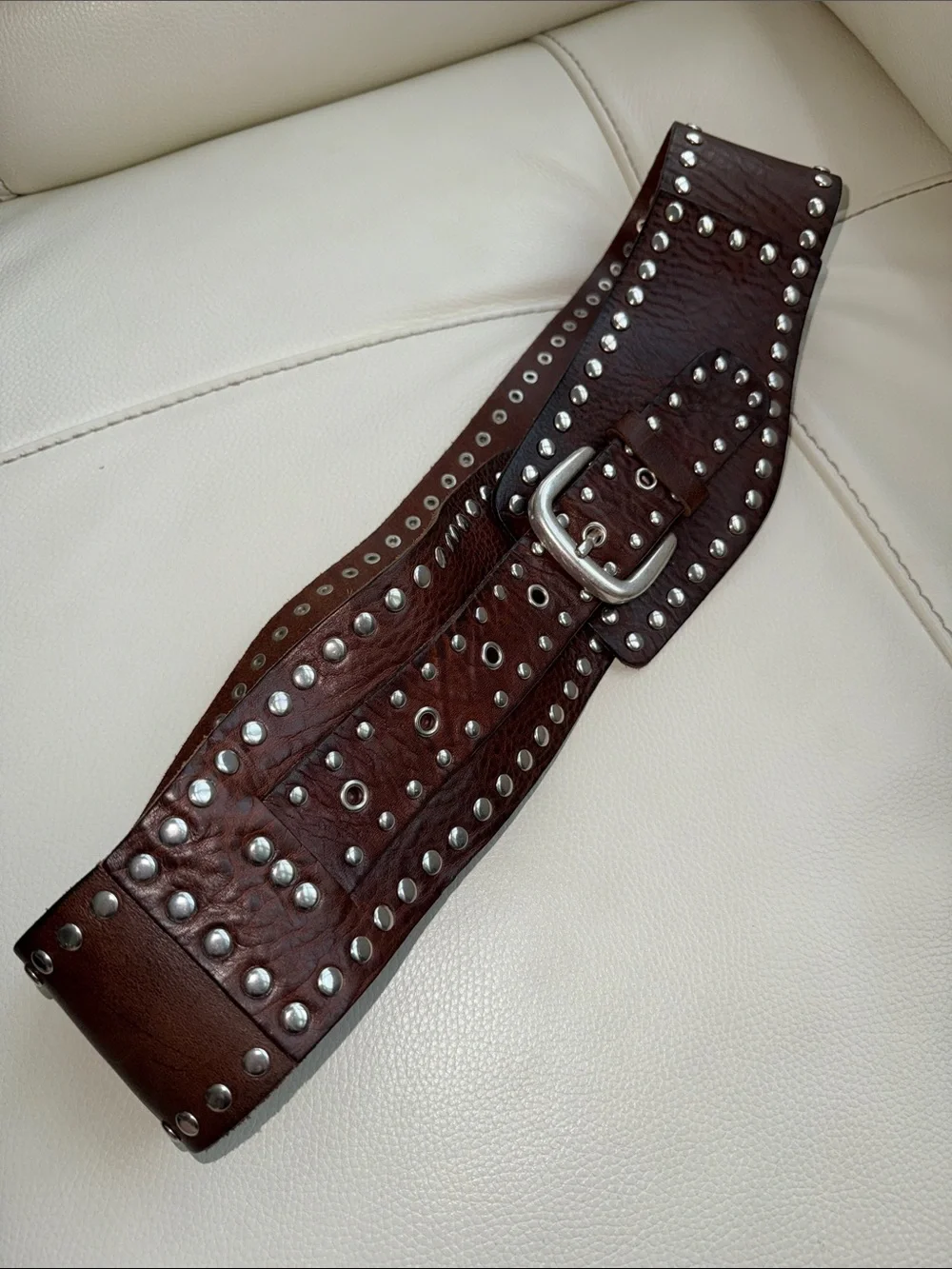 Zara Dark Brown Studded Wide Leather Belt with Silver Hardware